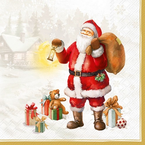 20 Servietten Happy Santa gold - Weihnachtsmann mit Geschenke 33x33cm