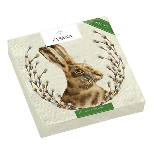 20 Servietten nachhaltig Gras Sir Rabbit - Hase an Weidekätzchenkranz 33x33cm