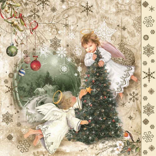 20 Servietten Two Angels & Christmas Tree - Engel dekorieren Weihnachtsbaum 33x33cm