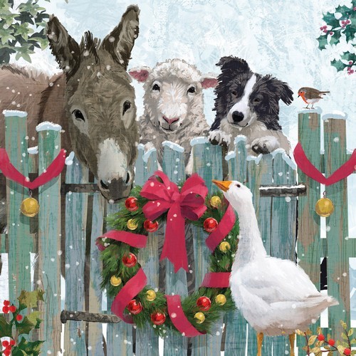 20 Servietten Holiday Get-Together - Gans besucht Tiere am Zaun 33x33cm