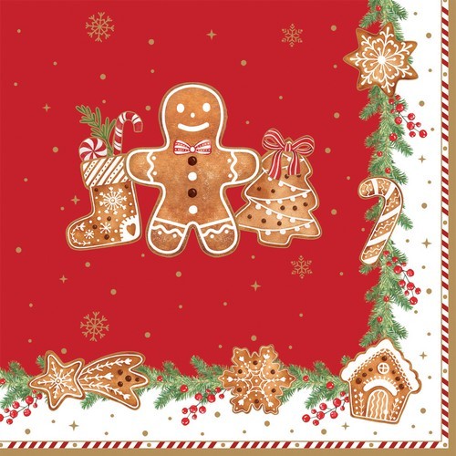 20 Servietten Fancy Gingerbread - Lebkuchenfigur an Weihnachtsbordüre 33x33cm