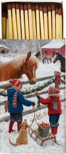 Kaminhölzer 45er Box Winter Horse – Kinder besuchen die Pferde im Winter 11x6,3cm