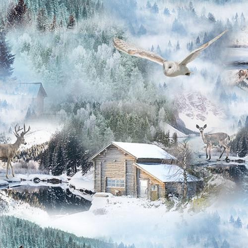 20 Servietten Flying Owl - Tiere um Winterhütte 33x33cm