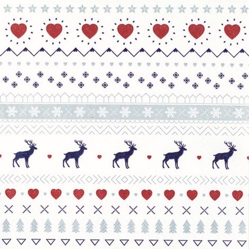 20 Servietten Winter Pattern white - Skandinavisches Muster mit Rehe und Herzen 33x33cm
