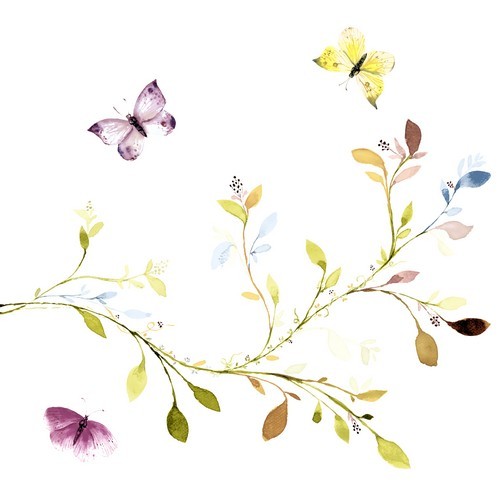 16 Servietten geprägt Moments Spring Branch - Schmetterlinge an bunten Blättern 33x33cm