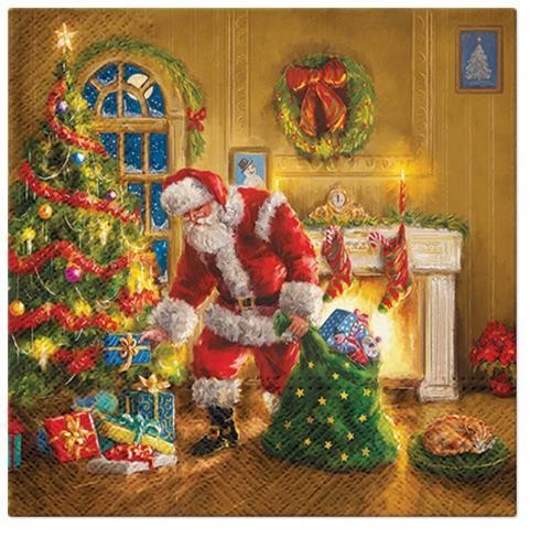 20 Servietten Santa is here – Weihnachtsmann verteilt Geschenke 33x33cm