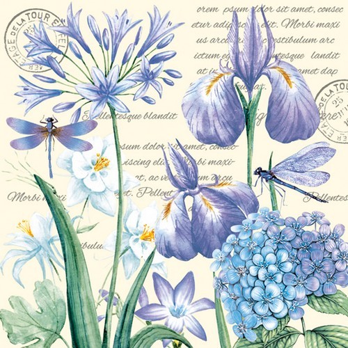 20 Servietten Irises, Hydrangea and Dragonflies - Lila Blumenwiese im Vintage-Stil 33x33cm