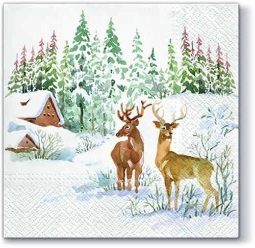 20 Servietten Winter Scene - Hirsche in Schneelandschaft 33x33cm