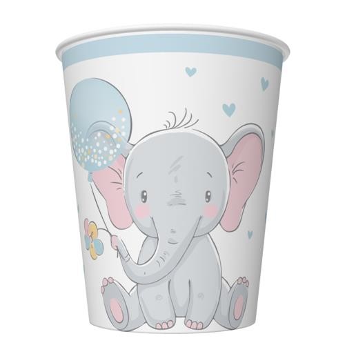 8 Pappbecher Baby Elephant with Blue Ballon - Elefant mit Ballon blau 250ml Ø5,5-8cm, H9cm