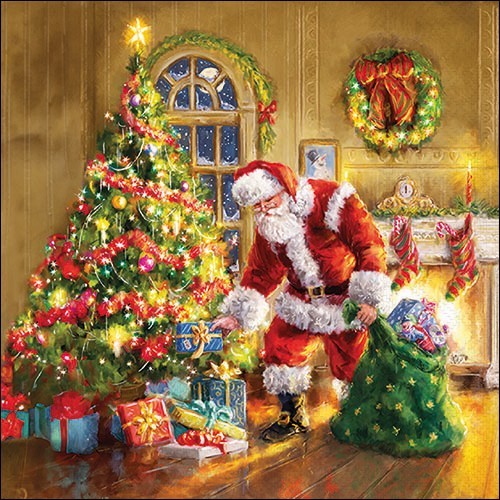 20 Servietten Gifts under Christmas Tree - Santa bringt seine Geschenke 33x33cm