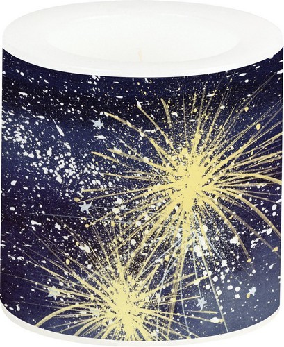 Candle round small Happy New Year blue - fireworks in the night sky Ø7.5cm, height 7.5cm