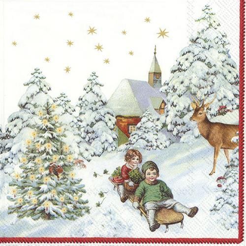 20 Servietten Annual Christmas Snow – Kinder beim Schlittenfahren 33x33cm
