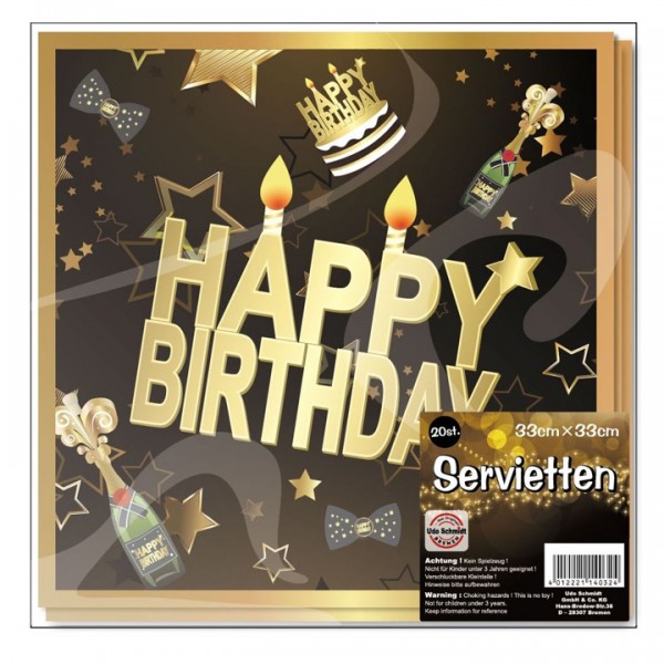 20 Servietten Happy Birthday schwarz/gold 2-lagig, 33x33cm