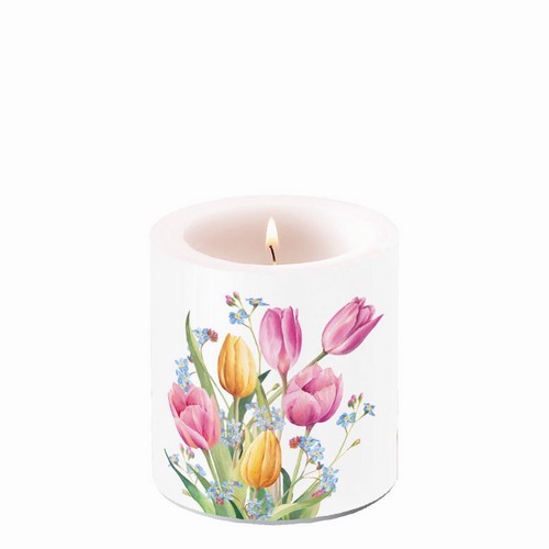 Kerze rund klein Tulips Bouquet - Tulpen in zarten Farben Ø7,5cm, Höhe 9cm