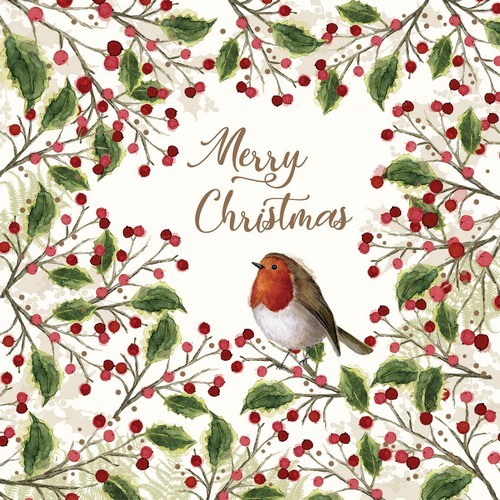 20 Servietten Merry Bird - Vogel mit Beeren um Merry Christmas 33x33cm