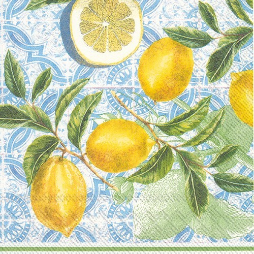 20 Servietten Citrus Limon - Zitronen auf blaue Ornamente 33x33cm