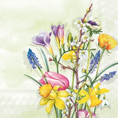 20 Servietten Spring Flowers light green - Vielfältige Frühlingsblumen 33x33cm