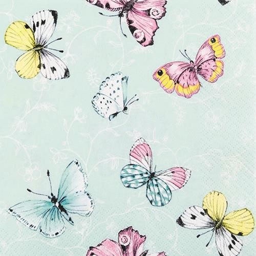 20 Servietten Sweet Papillons - Schmetterlinge auf mintgrün 33x33cm