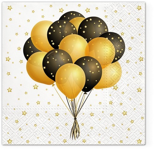 20 Servietten Flying Ballons - Ballons in schwarz-gold 33x33cm