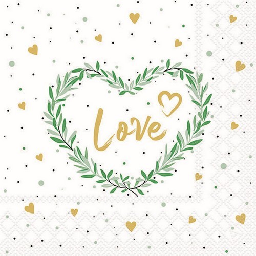 20 napkins Lots of Love white - Love in a green heart 33x33cm