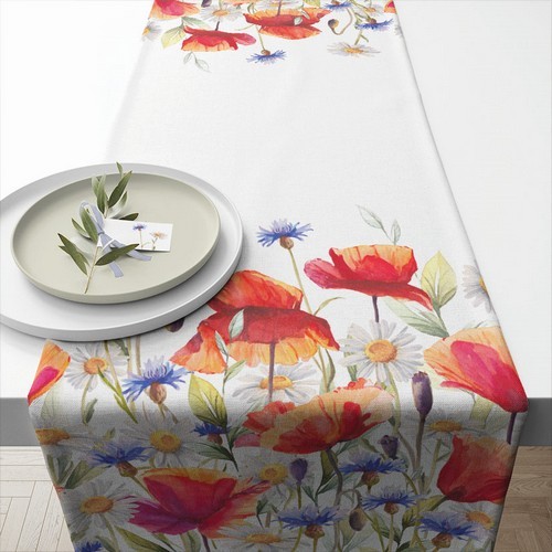 Tischläufer aus Baumwolle Poppies and Cornflowers - Kornblumen und Mohnblumen 40x150cm