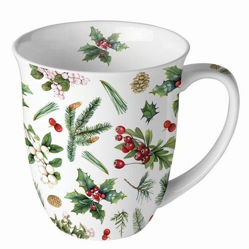 Tasse aus Porzellan Winter Greenery white - Zweige, Zapfen und Beeren im Winter 0,4L, Höhe 10,5cm