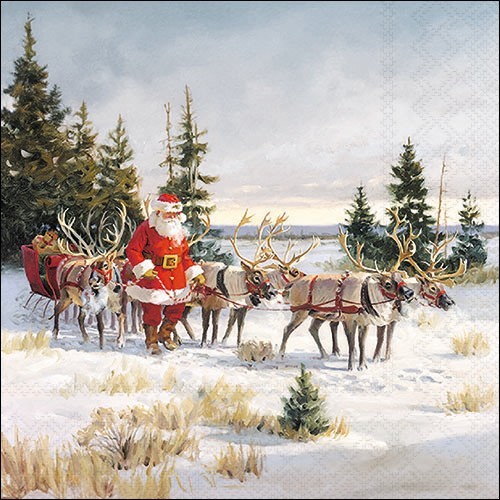 20 Servietten Santa with his Reindeers - Santa unterwegs mit Rentiere 33x33cm