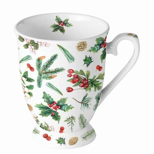 Tasse mit Standfuß aus Porzellan Winter Greenery white - Zweige, Zapfen und Beeren im Winter 0,25L,