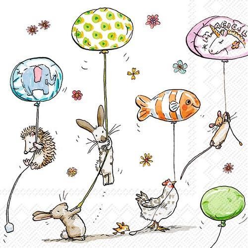 20 Servietten Animals with Ballons - Lustige Tiere mit Partyballons 33x33cm