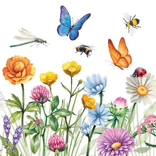20 Servietten Butterfly Meadow - Belebte Blumenwiese voller Tiere 33x33cm