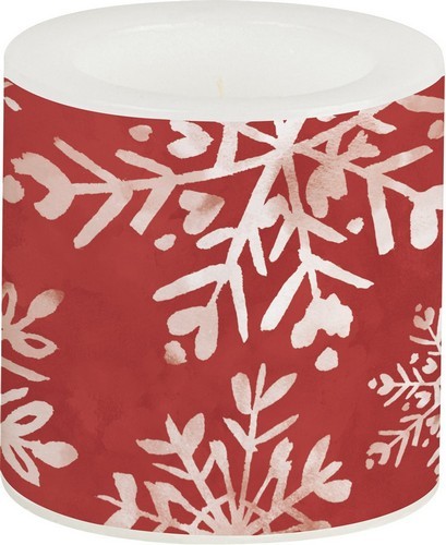 Candle round small Chris red - White snowflakes on red Ø7,5cm, height 7,5cm