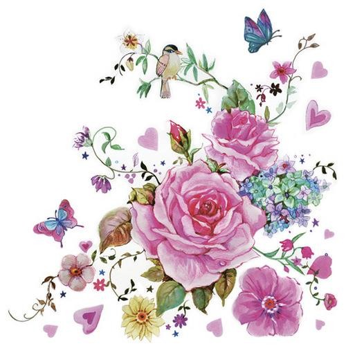 20 Servietten Drawn Roses with Butterflies – Romantische Rosen und Tiere 33x33cm