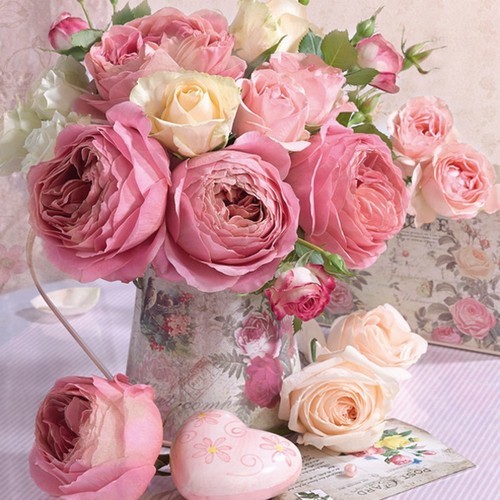 20 Servietten Pink Roses in Vintage Vase - Pinke Rose in Blumenvase 33x33cm