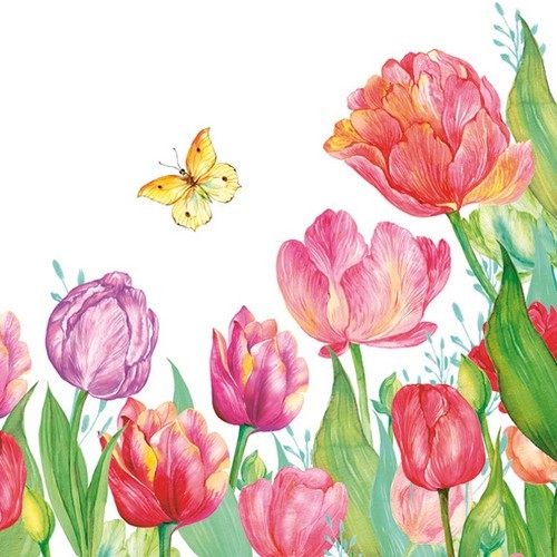 20 napkins Watercolor Tulips with Yellow Butterfly - Butterfly on beautiful tulips 33x33cm
