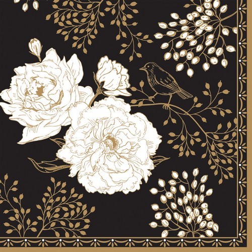 20 Servietten Art Deco & Flowers - Modern Art in schwarz-weiß-gold 33x33cm