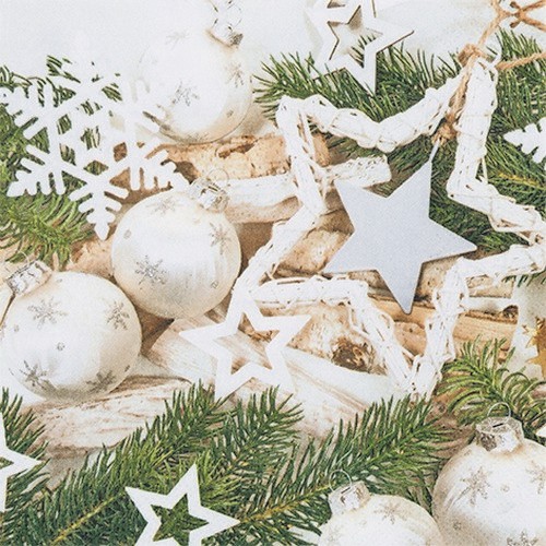20 Servietten Xmas Harmony - Weiße Weihnachtsdeko an Zweige 33x33cm