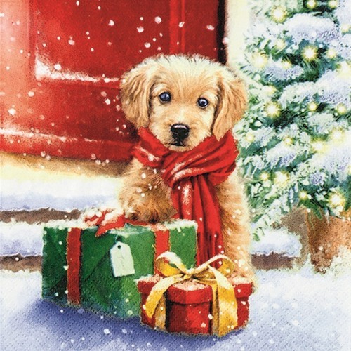 20 Servietten Little Puppy - Hund als Weihnachtsgeschenk 33x33cm