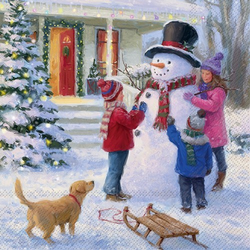 20 Napkins Fun withe Snowman - children build snowman at the house 33x33cm
