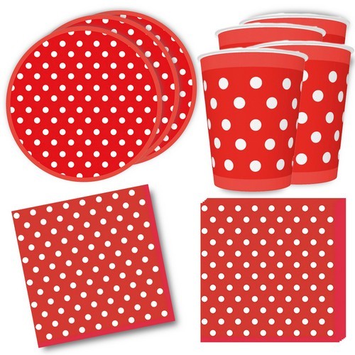 36-teiliges Tischdeko-Set Red Dots - Rot mit weißen Punkten auf Teller, Becher und Servietten