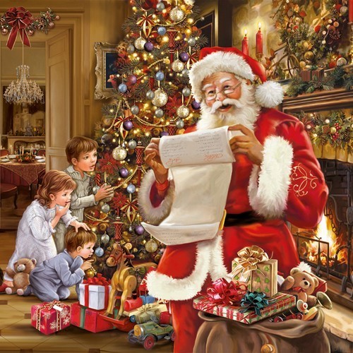 20 Servietten Christmas Eve - Weihnachtsmann liest Wunschzettel 33x33cm
