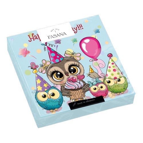 20 Servietten Happy Birthday Owls - Geburtstag mit lustigen Eulen 33x33cm