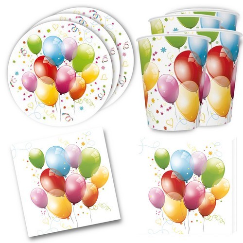 36-piece Birthday Balloons table decoration set - Colorful party balloons on plates, cups and napkins